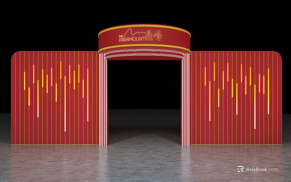 Red Archway Entrance With Golden Decorations Red Walls And Yellow Vertical Stripes 3d model 