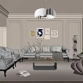 Cream Style Living Room Sofa Coffee Table Combination Single Person Sofa Background Wall Chandelier Side Table Hanging Picture 3d model