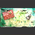 Handmade Diorama With Yellow House Red Roof Chimney Wolf Figure Green Trees Watercolor Forest Background