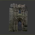 Ancient Moss Covered Stone Ruins with Gothic Arched Windows and Wooden Door