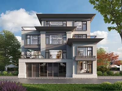 Modern Detached Villa Exterior With Large Windows Balconies And Greenery Surrounded By Lawn And Trees 3d model