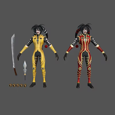 Two Animated Characters in Yellow Red Outfits with Sword Spear and Circular Decorations 3d model