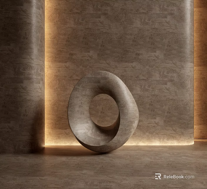 Textured Stone Wall Interior with Ambient Lighting and Modern Sculptural Decor 3d model 