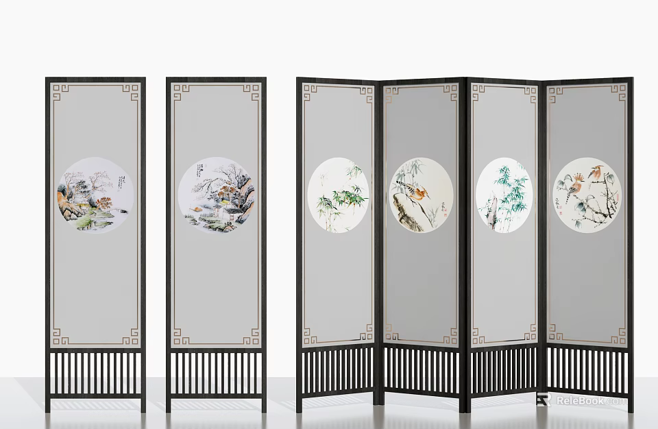 Traditional Chinese Foldable Screen With Flower Bird Bamboo Patterns And Black Frame 3d model