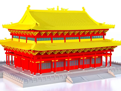 Ancient Chinese Architecture With Yellow Glazed Roof Red Walls Stone Steps And Ornate Roof Decorations 3d model