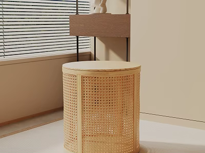 Round Rattan Woven Modern Bedside Cabinet In Minimalist Bedroom Beside Window With Blinds 3d model