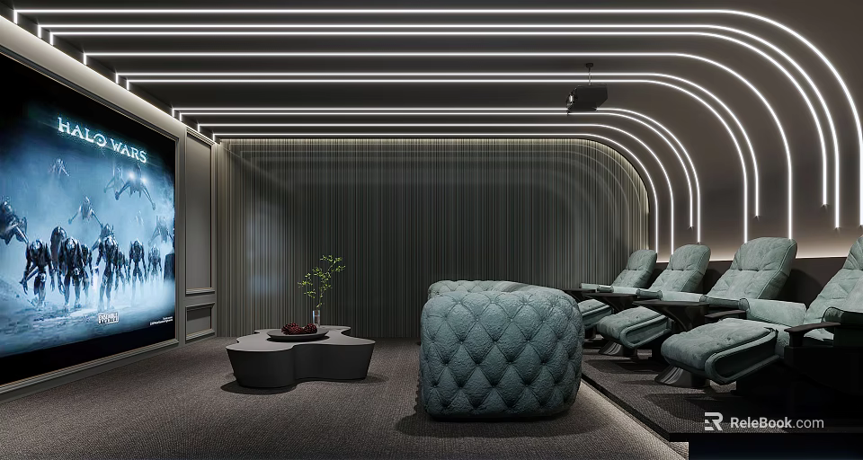 Modern Home Theater Design With Curved Lighting Comfortable Seats And Large Projection Screen 3d model 