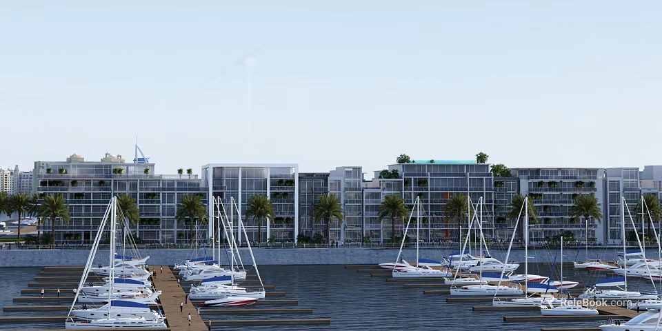 Modern Waterfront Single Family Villa With Marina Sailboats And Palm Trees 3d model 