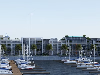 Modern Waterfront Single Family Villa With Marina Sailboats And Palm Trees 3d model