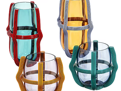 Colorful Glass Chandeliers With Striped Frames In Red Blue Yellow Green Tones 3d model