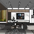 Modern Living Room Interior With Marble TV Wall Wooden Accents Large Windows And Sofa