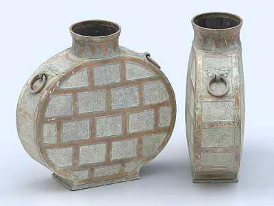 Decorative Ornament Set of Vintage Brick Pattern Vases with Elegant Loop Handles 3d model