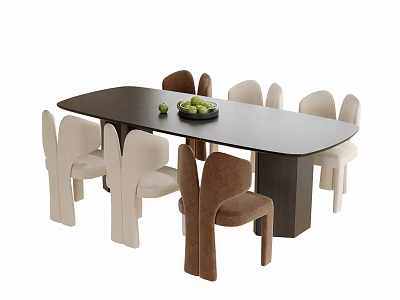 Black Rectangular Dining Table With Beige And Brown Chairs And Green Fruits Plate 3d model