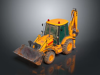 Yellow Backhoe Loader With Front Bucket Backhoe Arm Cab And Worn Tires 3d model