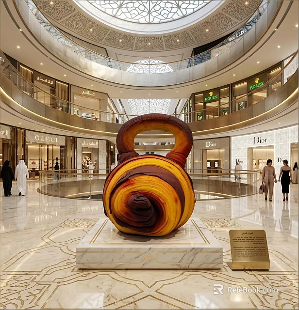 Giant Spiral Art Installation In Shopping Mall Atrium With Marble Base And Luxury Stores 3d model 