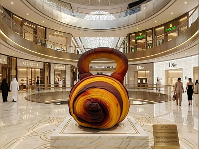 Giant Spiral Art Installation In Shopping Mall Atrium With Marble Base And Luxury Stores 3d model
