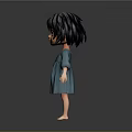 3D Animated Game Character Girl With Short Black Hair Red Flower Blue Dress And Barefoot