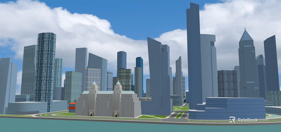 Modern Office Buildings In Urban Cityscape With Tall Skyscrapers And Blue Sky 3d model 
