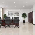 Spacious Modern Office With Large Windows Black Sofa Coffee Table Desk Chairs Green Plant And TV