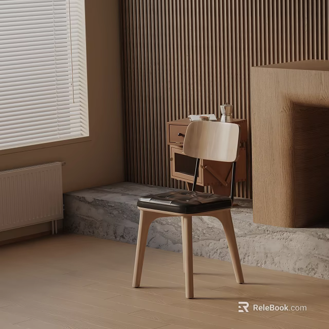 Stylish Casual Chair In Room With Wooden Slat Wall Window Blinds And Marble Step 3d model 