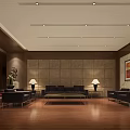 Elegant Hotel Public Lounge Area With Dark Walls Red Carpet Marble Flooring And Lighting