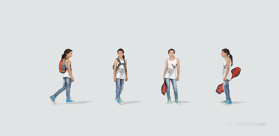 Stylish Young Girl In Different Casual Outfits With Backpacks Walking 3d model 