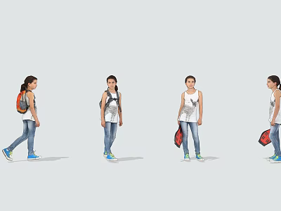 Stylish Young Girl In Different Casual Outfits With Backpacks Walking 3d model