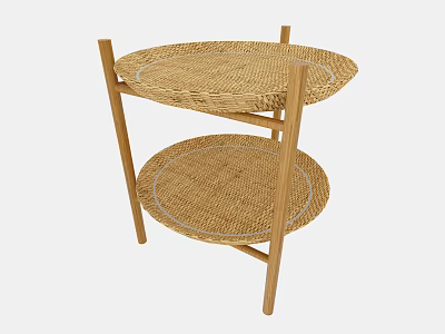 Two Tier Round Storage Shelf With Wooden Frame And Rattan Surfaces 3d model