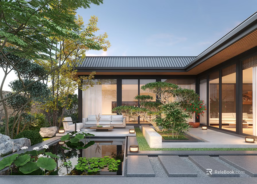 Modern Courtyard Garden Design with Pond Lotus Leaves Outdoor Seating and Lush Greenery 3d model 