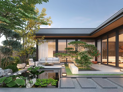 Modern Courtyard Garden Design with Pond Lotus Leaves Outdoor Seating and Lush Greenery 3d model