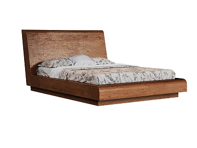 Modern Style Wooden Headboard Double Bed with Patterned Bedspread and Pillows 3d model