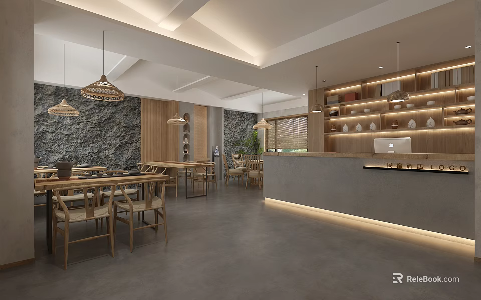 Modern Hotel Lobby Interior With Wooden Reception Desk Stone Wall And Hanging Lights 3d model 