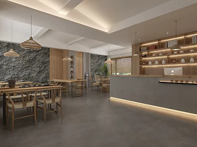 Modern Hotel Lobby Interior With Wooden Reception Desk Stone Wall And Hanging Lights 3d model