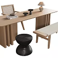 Quiet Style Desk and Chair Combination Rectangular Desk Single Chair Bench Round Stool 3d model