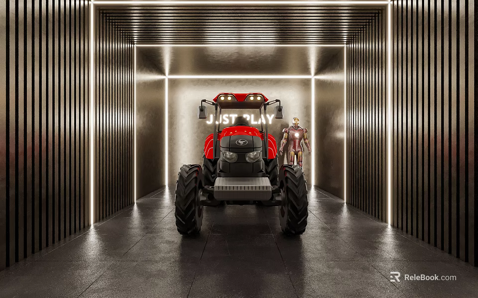 Modern Garage Featuring Red Tractor And Robot With Metallic Walls And Lighting 3d model 