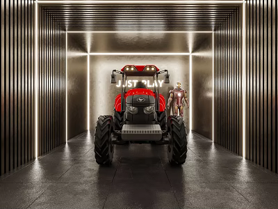 Modern Garage Featuring Red Tractor And Robot With Metallic Walls And Lighting 3d model