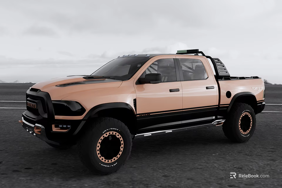 Peach Colored Ram Pickup Truck With Black Accents Off Road Tires And Roof Rack 3d model 