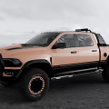 Peach Colored Ram Pickup Truck With Black Accents Off Road Tires And Roof Rack
