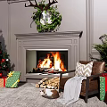 Christmas Fireplace with Burning Fire Deer Head Decoration Christmas Tree Gifts and Sofa