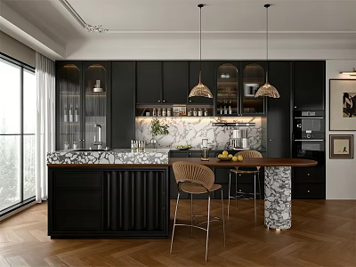 Modern Restaurant Kitchen With Black Cabinets Marble Island Pendant Lights And Wooden Flooring 3d model