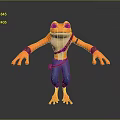 Orange Reptile Character With Blue Pants Brown Straps And Wristbands Standing On Gray Background