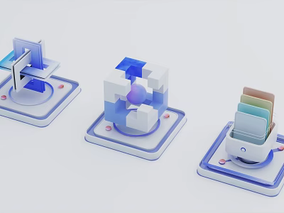 Modern Blue And White 3D Geometric Models With Abstract Structures On Platforms 3d model