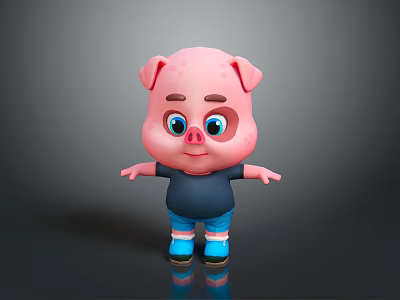 Cute 3D Pink Cartoon Pig Character With Blue Eyes Black Shirt Blue Shorts Standing Pose 3d model