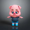 Cute 3D Pink Cartoon Pig Character With Blue Eyes Black Shirt Blue Shorts Standing Pose