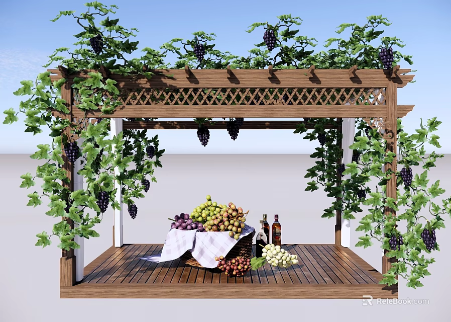 Outdoor Wooden Pergola Covered With Grape Vines And Fruits On Table And Wine Bottles 3d model 