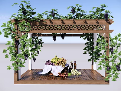 Outdoor Wooden Pergola Covered With Grape Vines And Fruits On Table And Wine Bottles 3d model