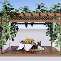 Outdoor Wooden Pergola Covered With Grape Vines And Fruits On Table And Wine Bottles