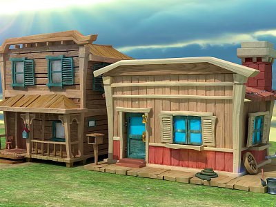 Cartoon Scene Featuring Wooden Houses With Green Shutters Blue Door And Red Accents 3d model