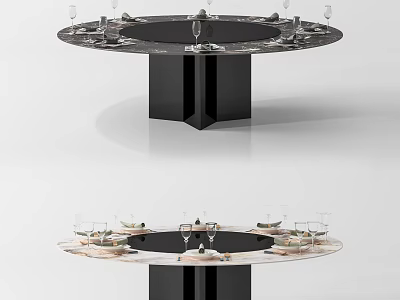 Round Modern Dining Table With Black Base Marble Top And Tableware Setup 3d model