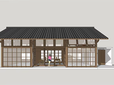 Traditional Ancient Architecture With Black Tiled Roof Wooden Grid Windows And Entrance 3d model